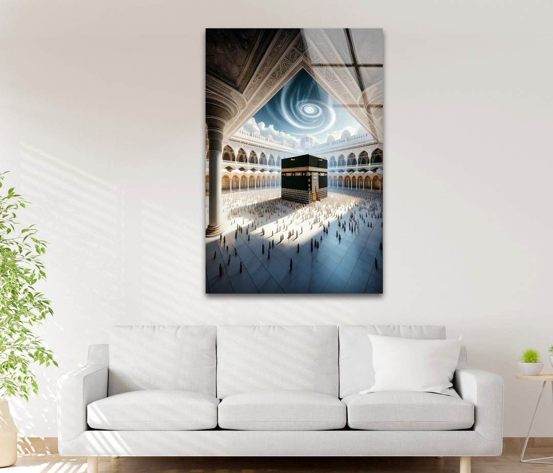 Islamic glass décor featuring Kaaba in Mecca under glowing clouds