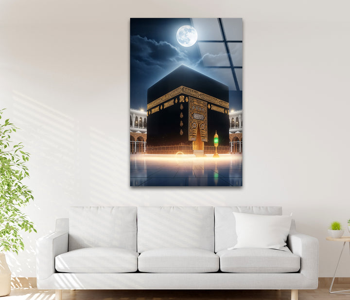 Islamic glass décor featuring Kaaba illuminated by moonlight
