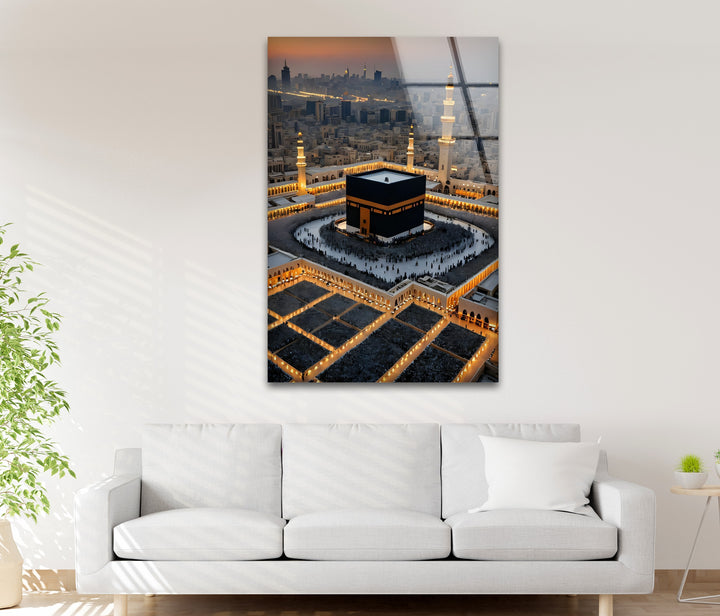 Islamic glass décor featuring the Kaaba and Mecca skyline