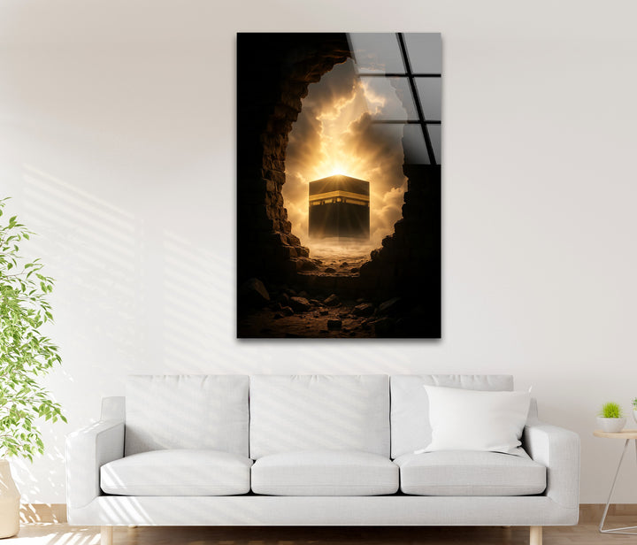 Islamic wall décor with glowing Kaaba framed by stone arch