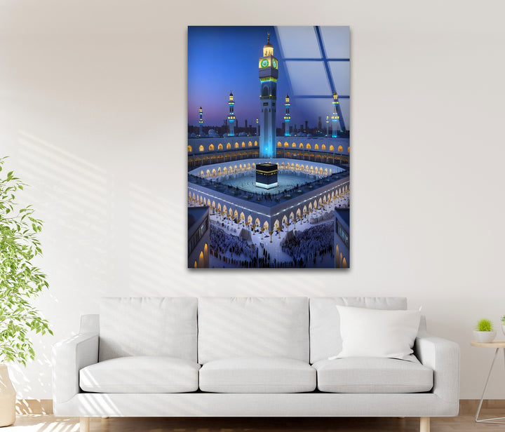 Islamic glass décor featuring Kaaba and illuminated clock tower