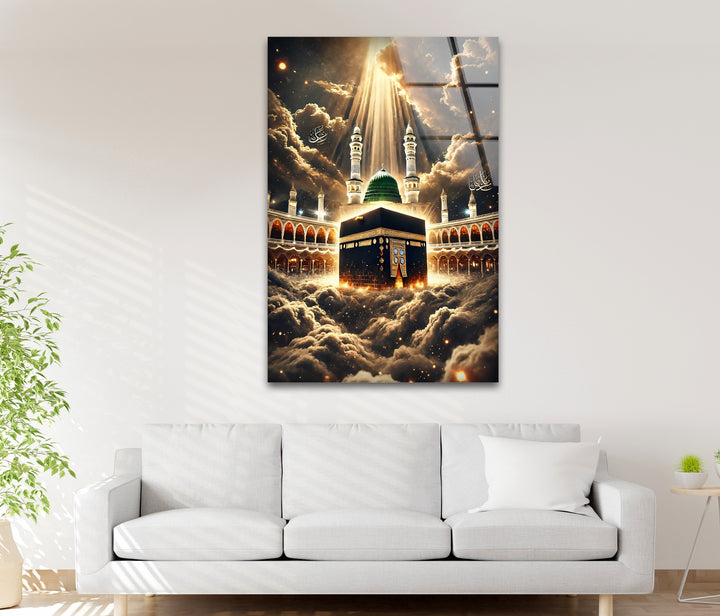 Spiritual glass artwork of holy mosques with radiant golden sky