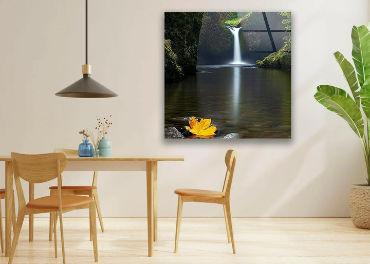 Modern home decor featuring a tranquil waterfall in a peaceful woodland setting.