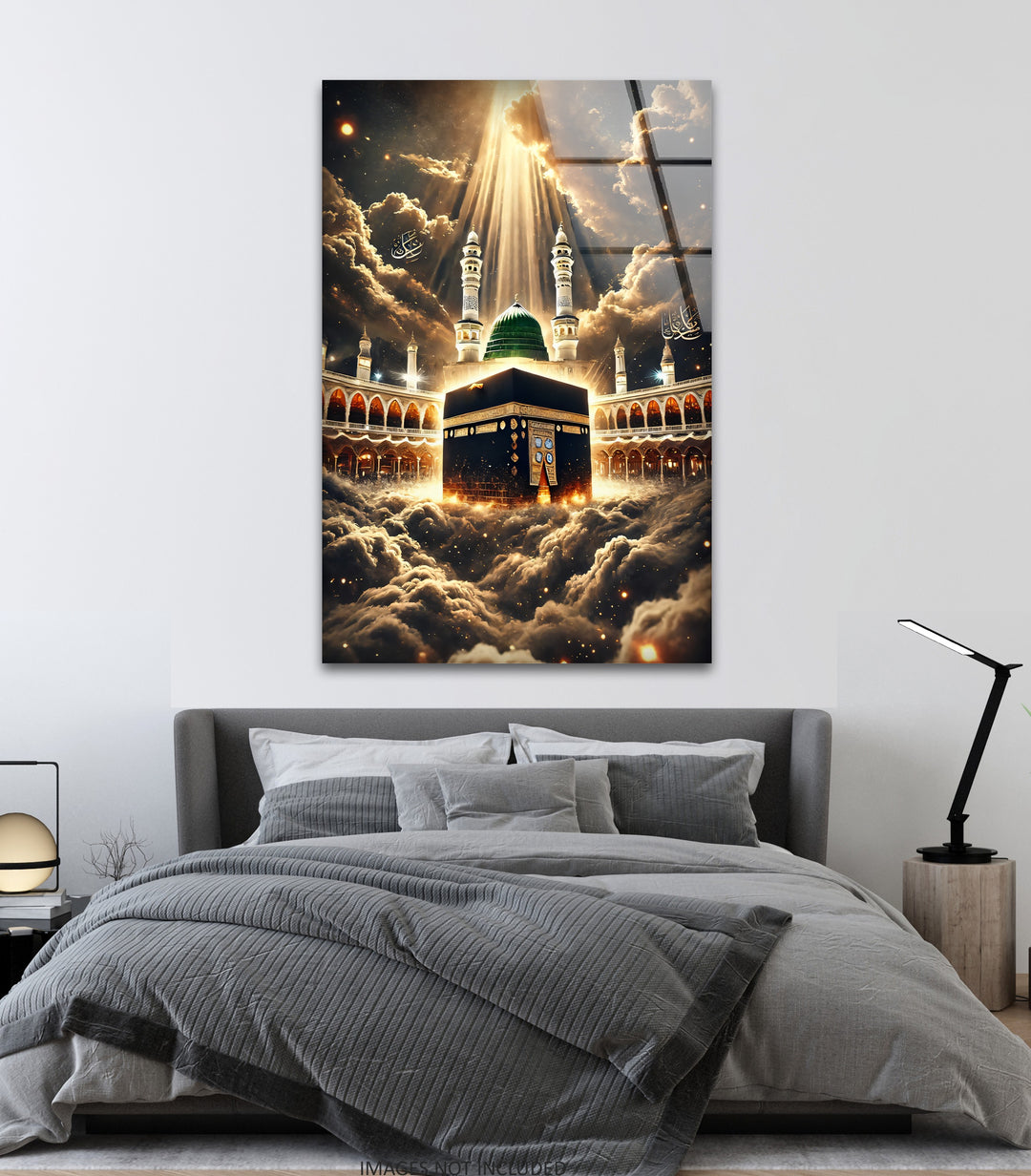 Heavenly Unity – Kaaba and Green Dome Under Divine Light Glass Wall Art