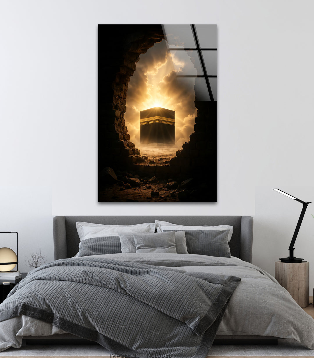 Divine Dawn – Kaaba Emerging Through Light and Stone Glass Wall Art