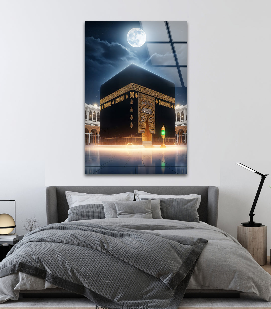 Moonlit Majesty – Kaaba Under Full Moon Glass Wall Art