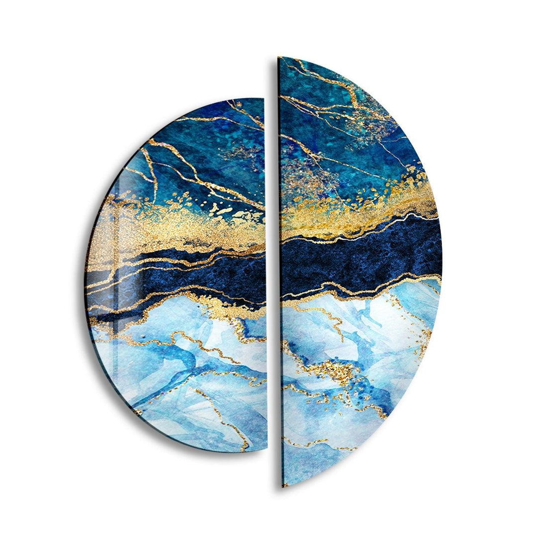 2 Piece Blue and Gold Abstract Glass Wall Art glass art painting, glass art for the Wall