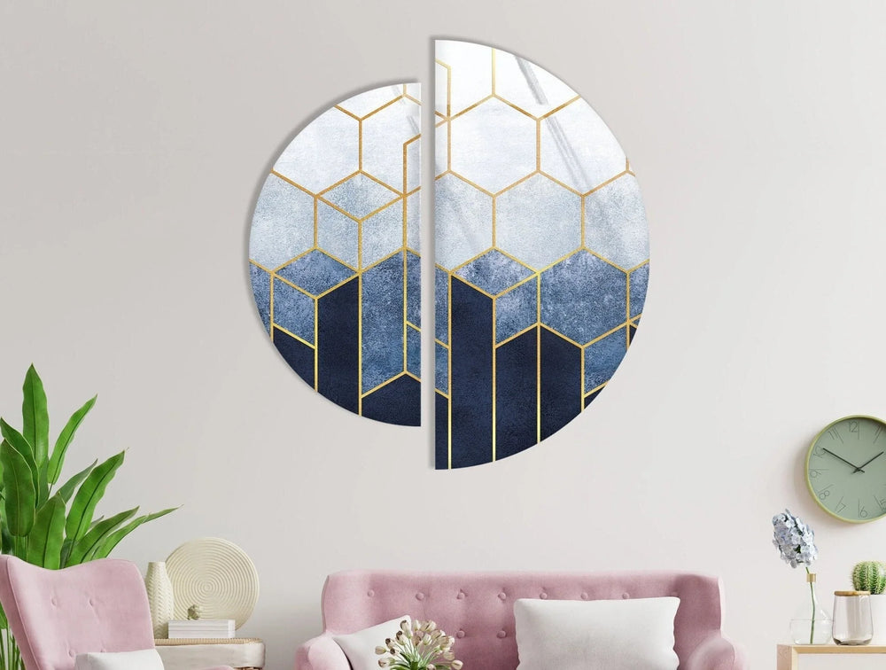 2 Piece Half Circle Abstract Hexagon Glass Wall Art stained glass wall art, stained glass wall decor