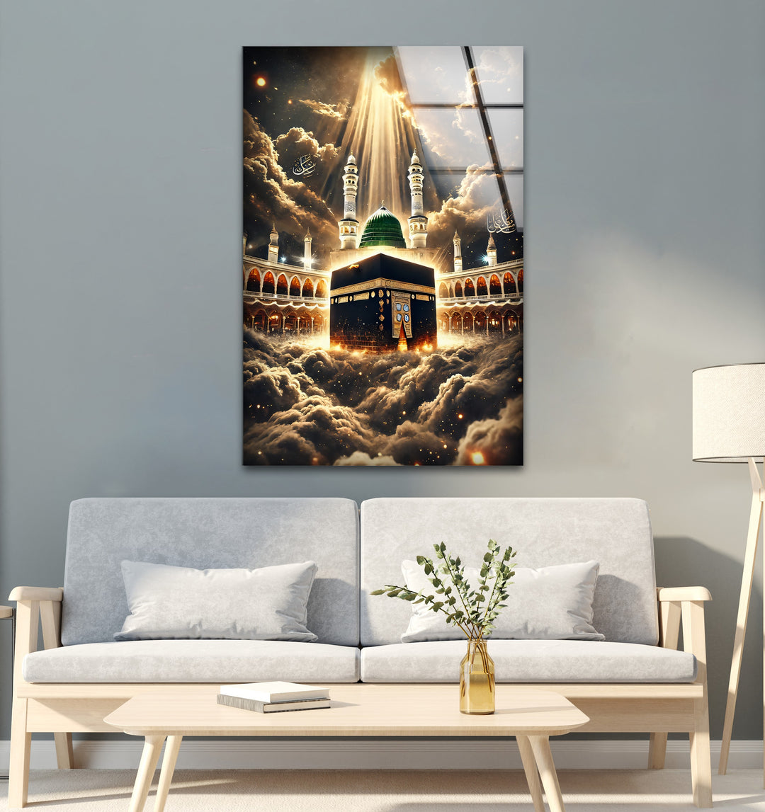 Heavenly Unity – Kaaba and Green Dome Under Divine Light Glass Wall Art