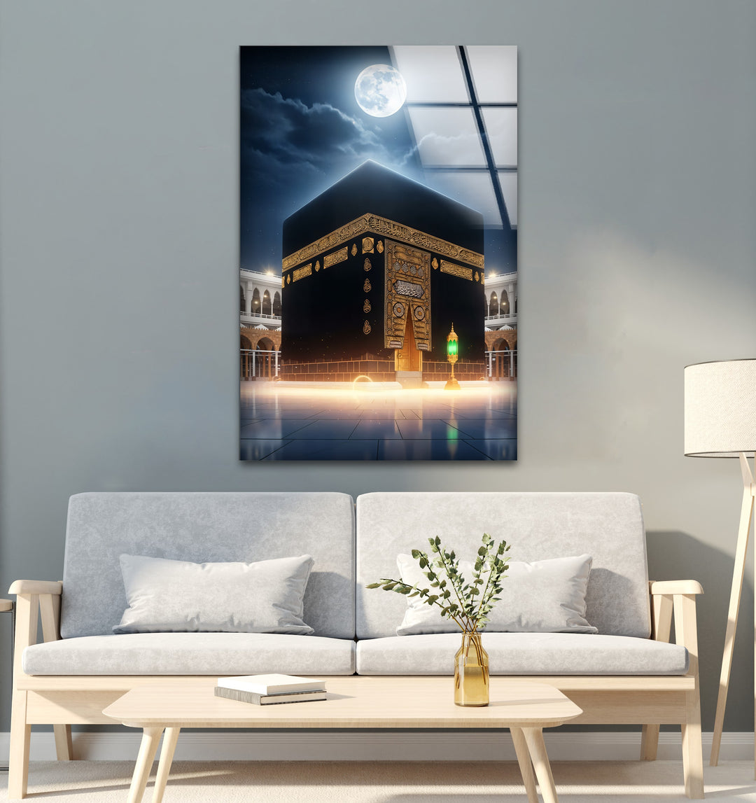 Moonlit Majesty – Kaaba Under Full Moon Glass Wall Art