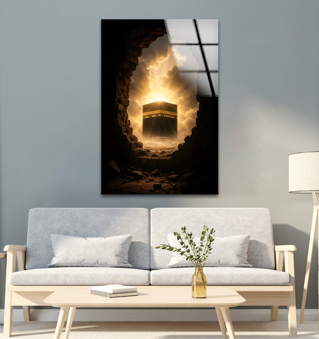 Divine Dawn – Kaaba Emerging Through Light and Stone Glass Wall Art