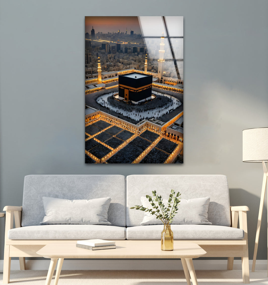 Eternal Glow – Aerial Kaaba at Dusk Glass Wall Art