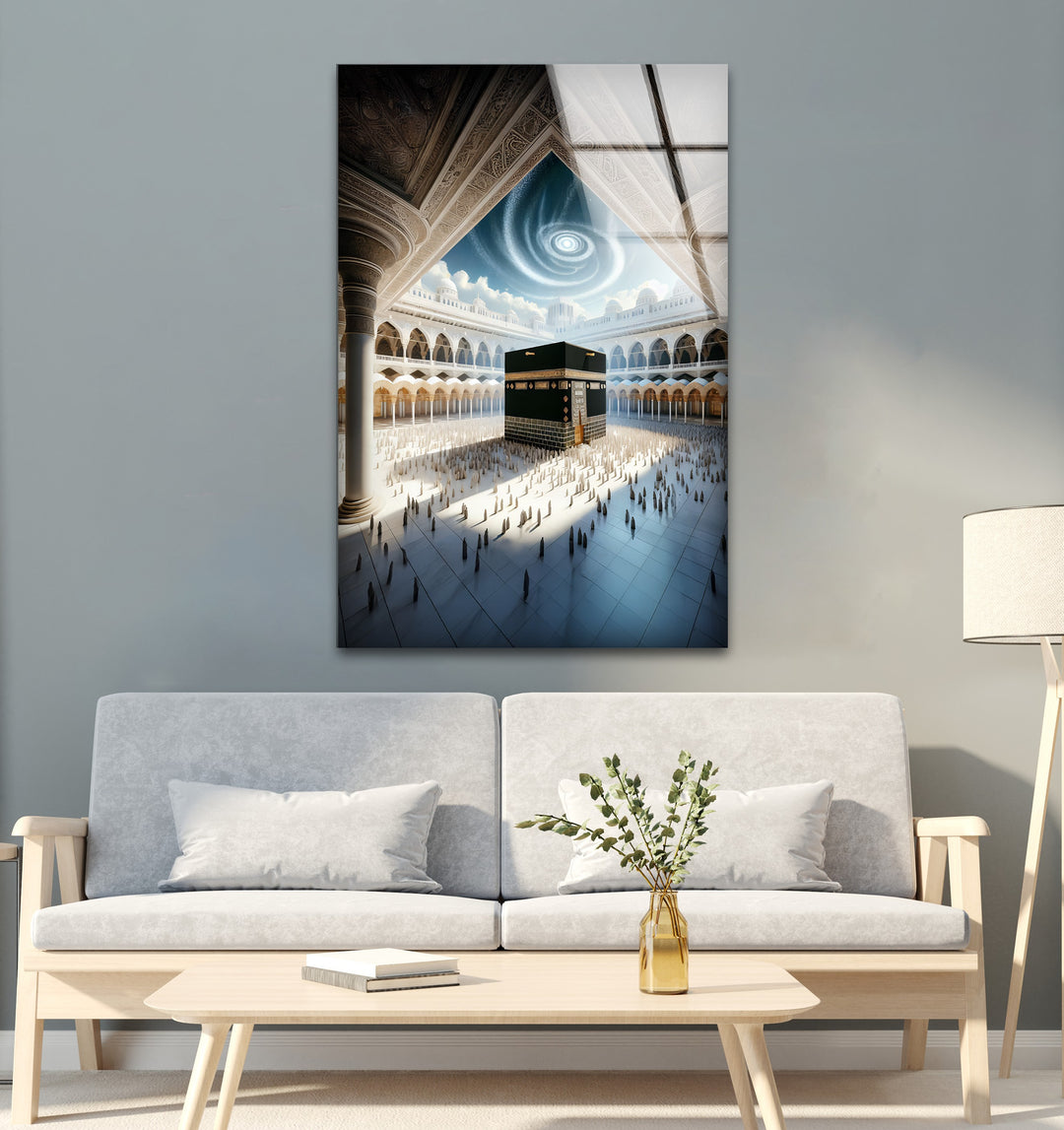 Celestial Harmony – Kaaba Under Divine Light Glass Wall Art