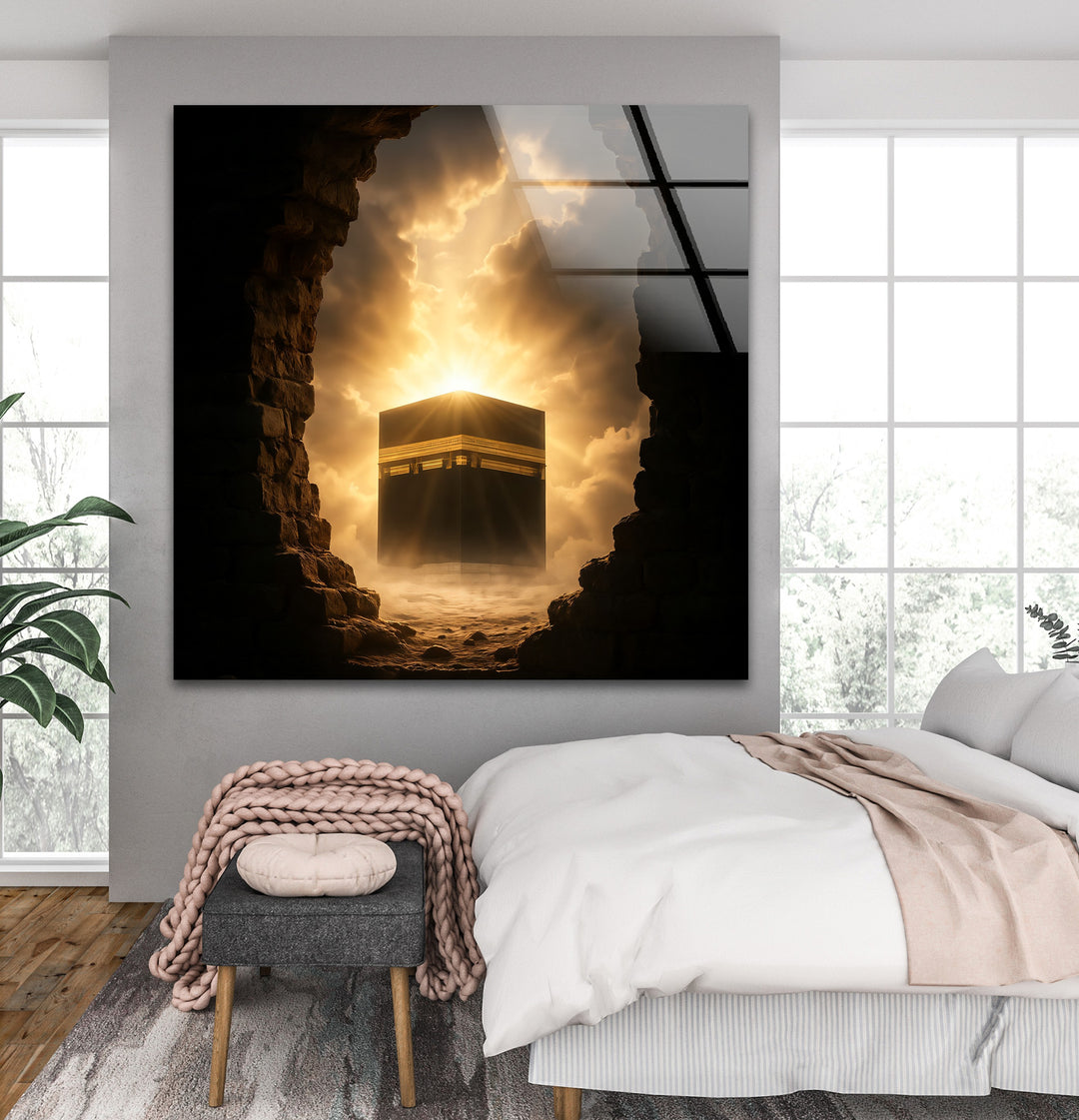 Divine Dawn – Kaaba Emerging Through Light and Stone Glass Wall Art