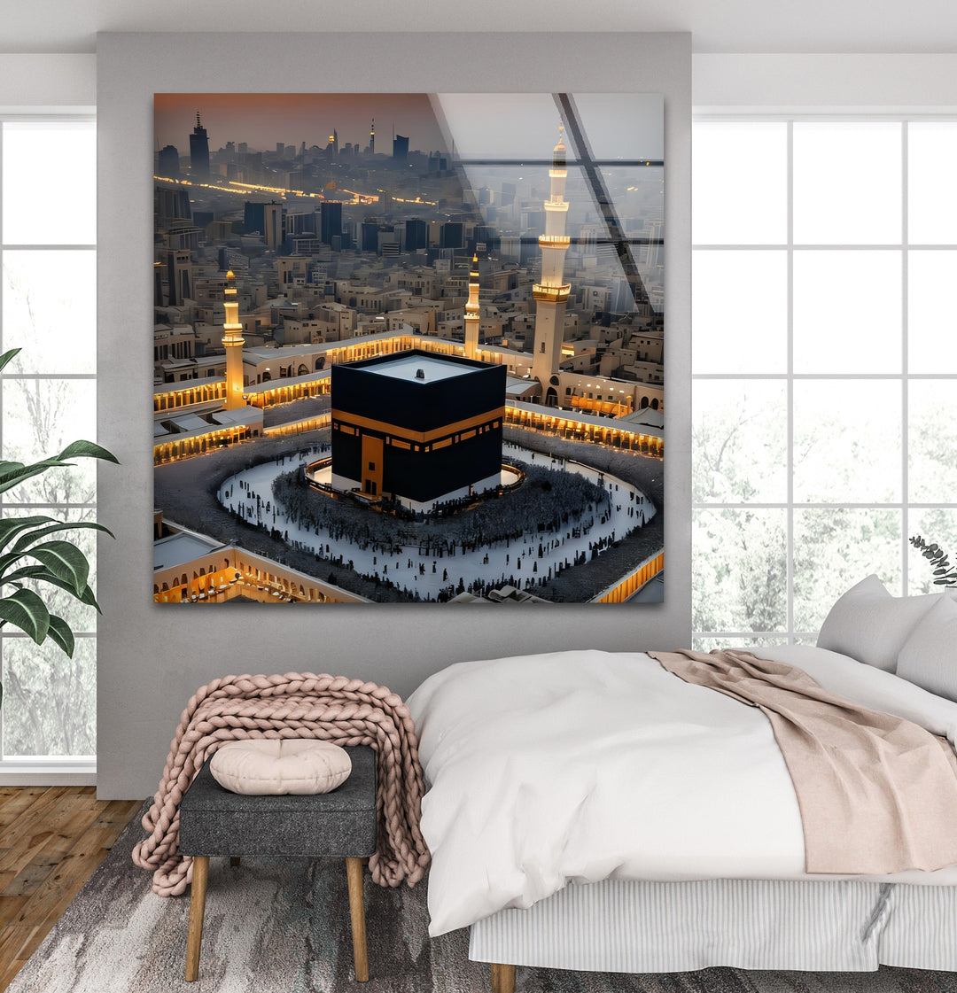 Eternal Glow – Aerial Kaaba at Dusk Glass Wall Art