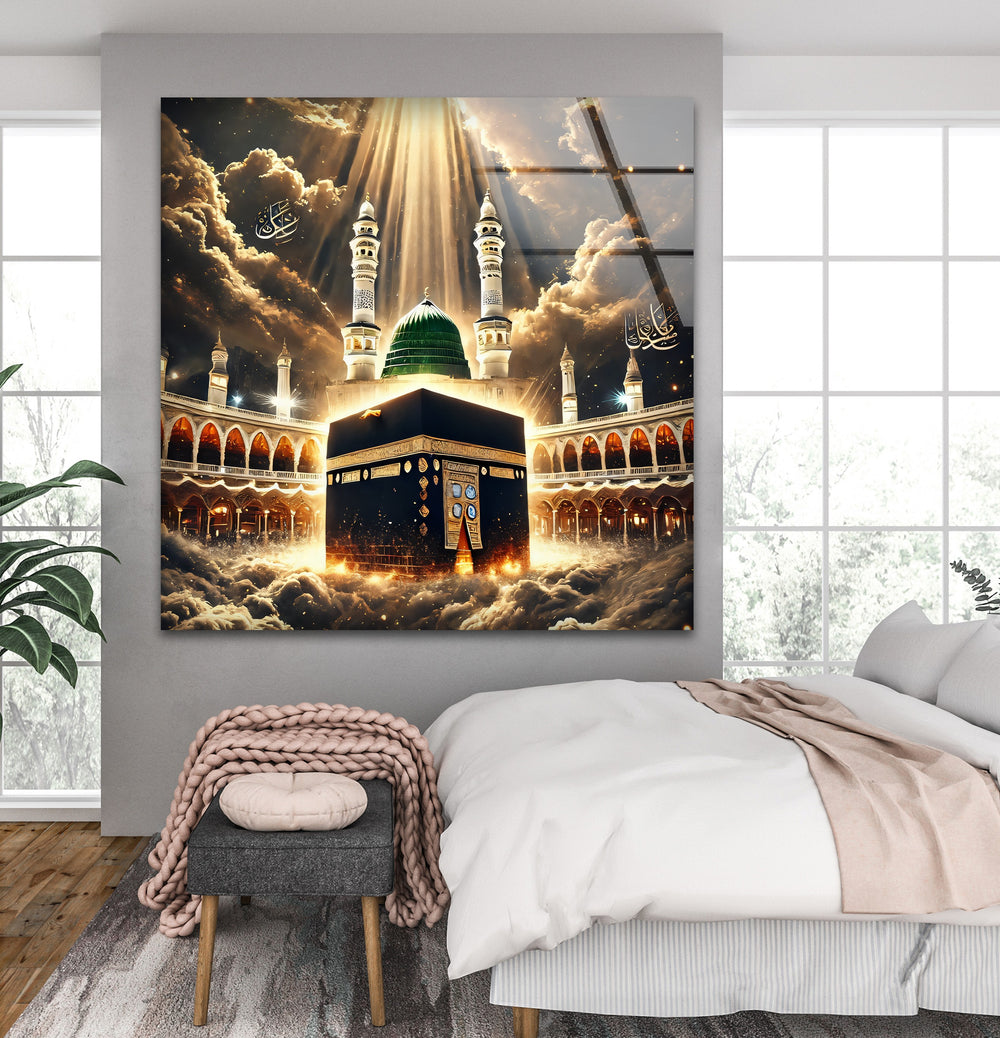 Islamic wall décor featuring Kaaba and Prophet’s Mosque glowing in clouds