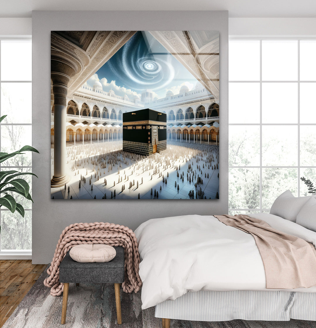 Celestial Harmony – Kaaba Under Divine Light Glass Wall Art