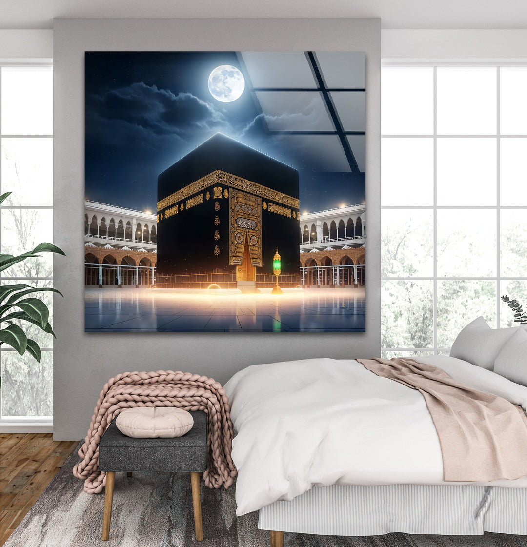 Moonlit Majesty – Kaaba Under Full Moon Glass Wall Art