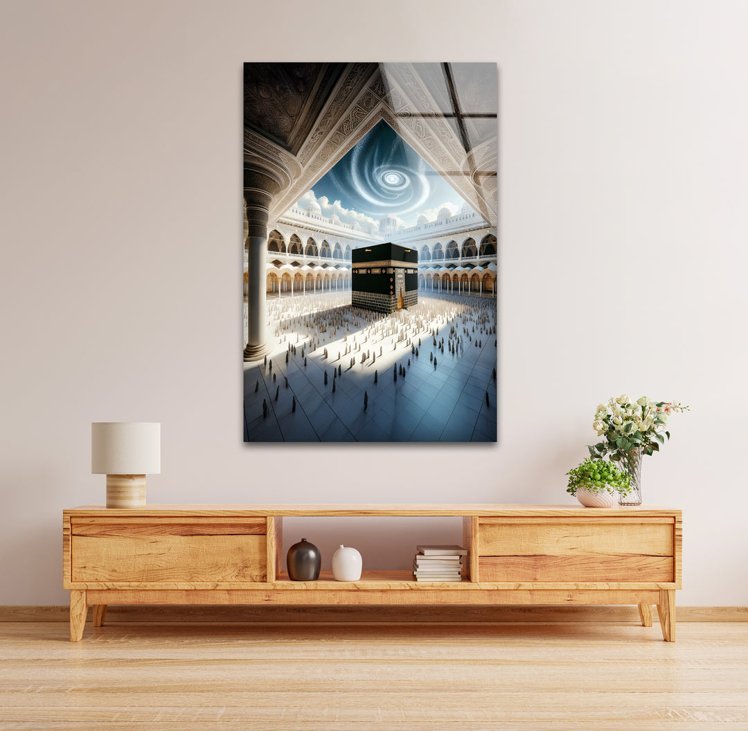 Celestial Harmony – Kaaba Under Divine Light Glass Wall Art
