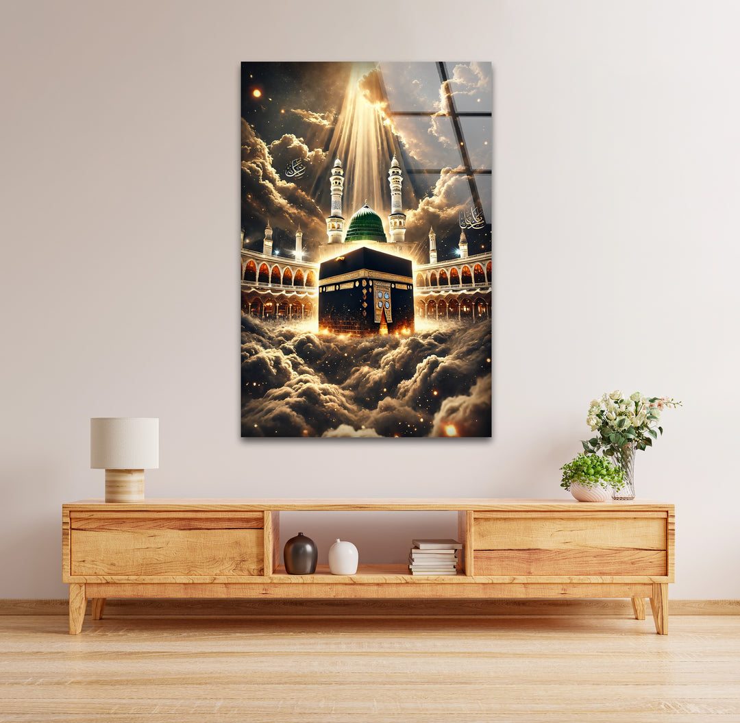 Heavenly Unity – Kaaba and Green Dome Under Divine Light Glass Wall Art