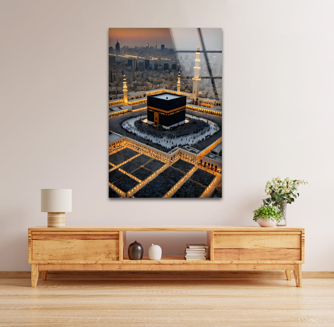 Eternal Glow – Aerial Kaaba at Dusk Glass Wall Art