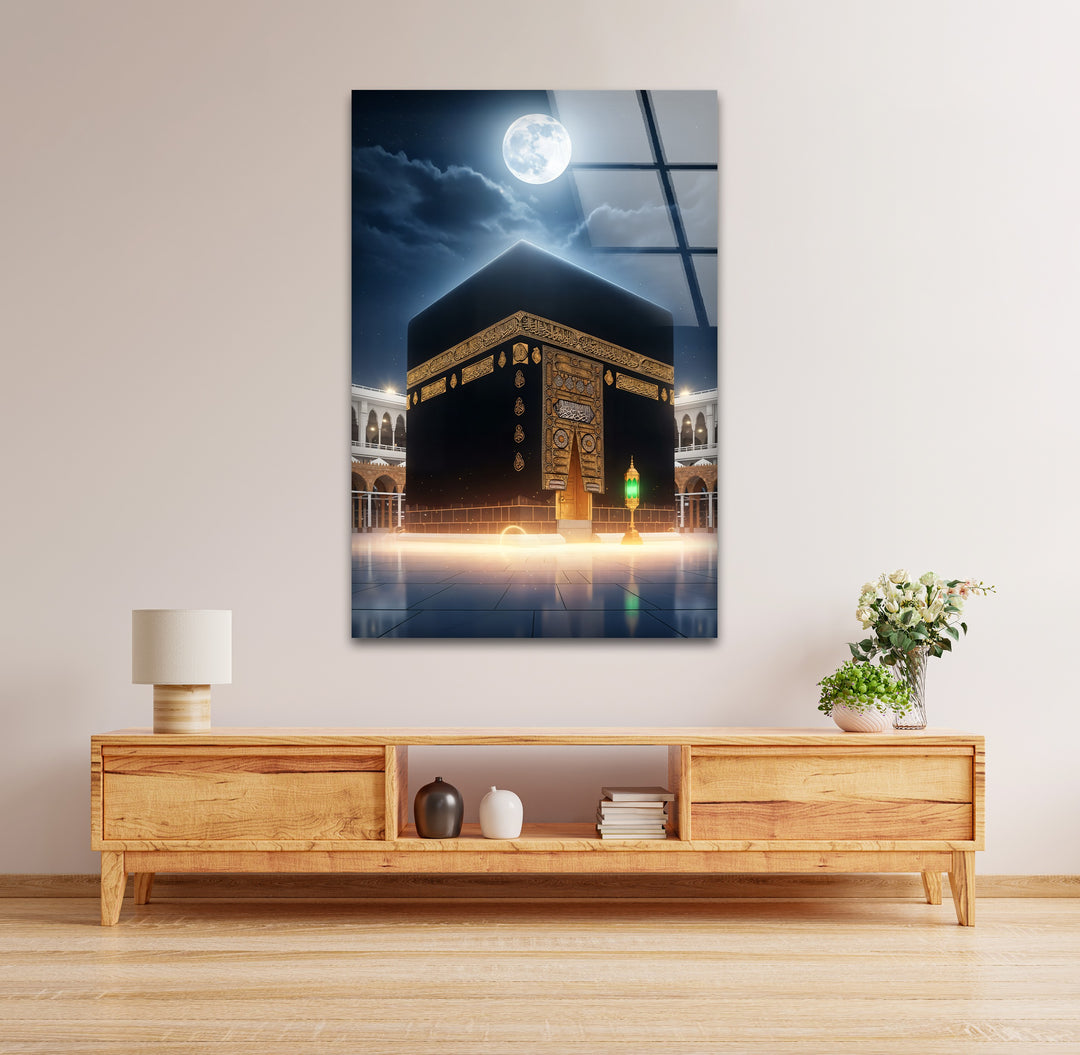 Moonlit Majesty – Kaaba Under Full Moon Glass Wall Art