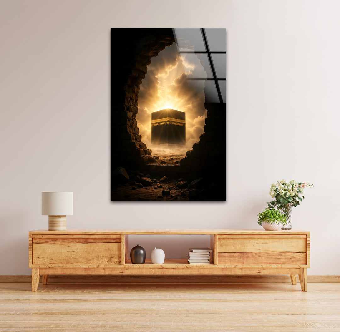 Divine Dawn – Kaaba Emerging Through Light and Stone Glass Wall Art