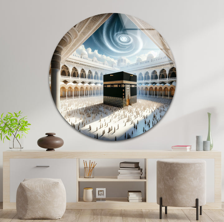 Modern glass artwork of Kaaba in holy mosque courtyard