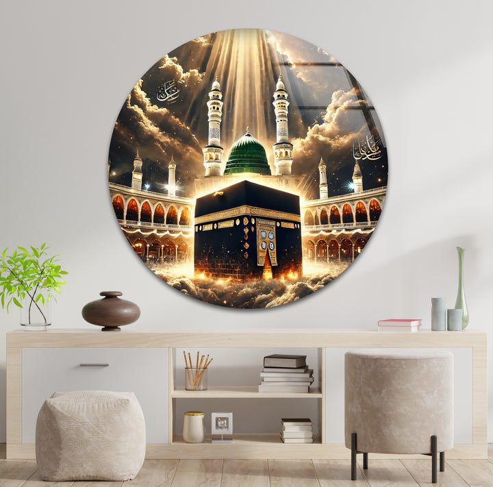 Heavenly Kaaba and Medina Green Dome illuminated by light rays