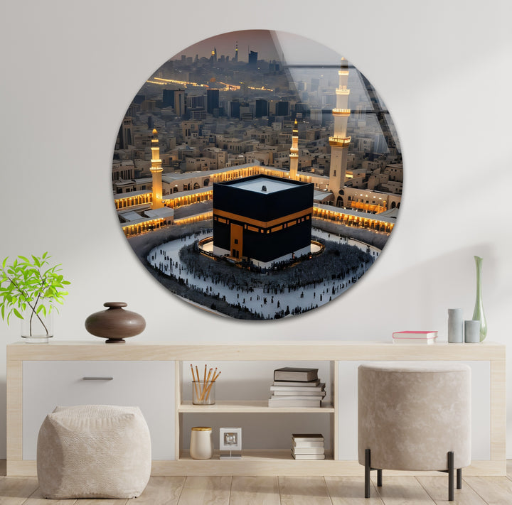 Sacred Kaaba artwork under sunset light on tempered glass