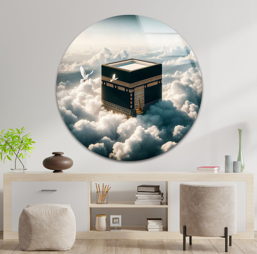 Modern Islamic glass art featuring sacred Kaaba and light