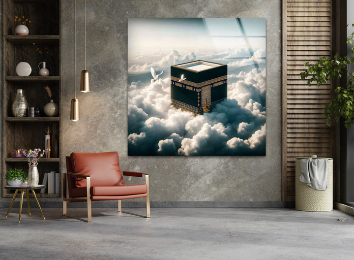 Peaceful Kaaba artwork surrounded by clouds and doves