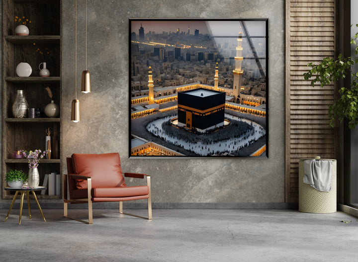 Modern Islamic home décor with aerial Kaaba view
