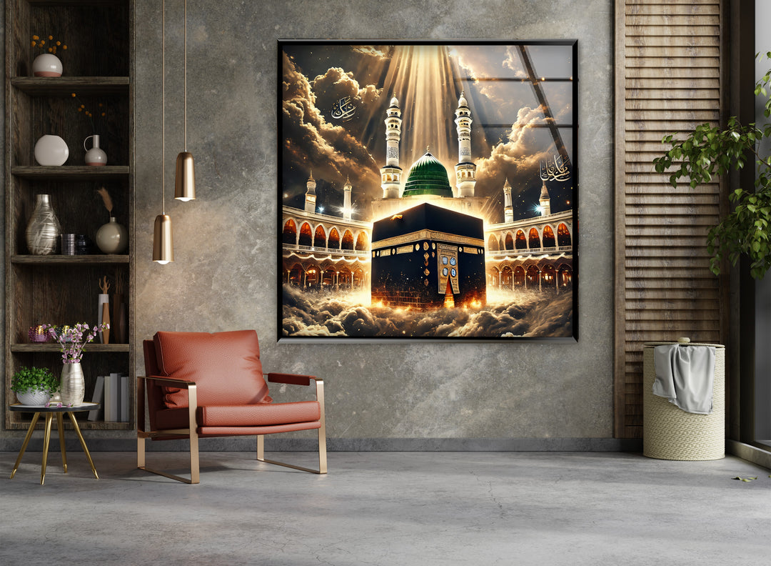 Heavenly Unity – Kaaba and Green Dome Under Divine Light Glass Wall Art