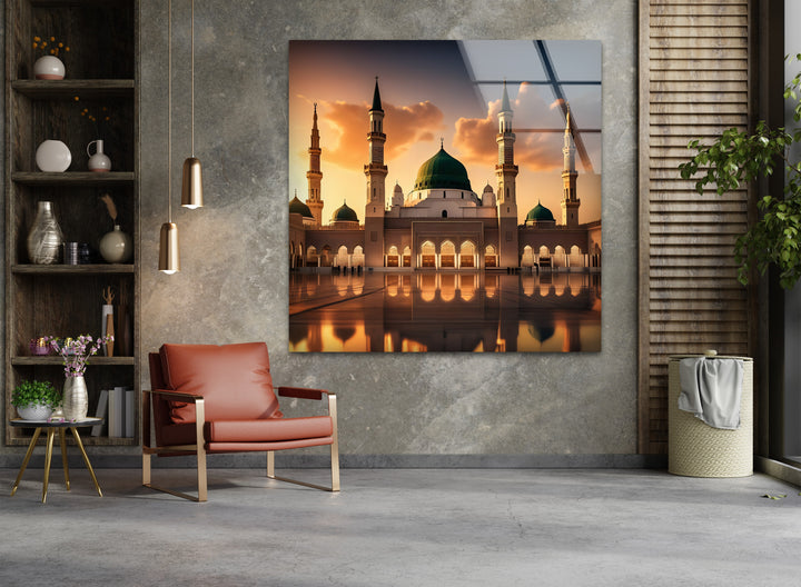 Peaceful glass wall decoration of Medina mosque at dawn