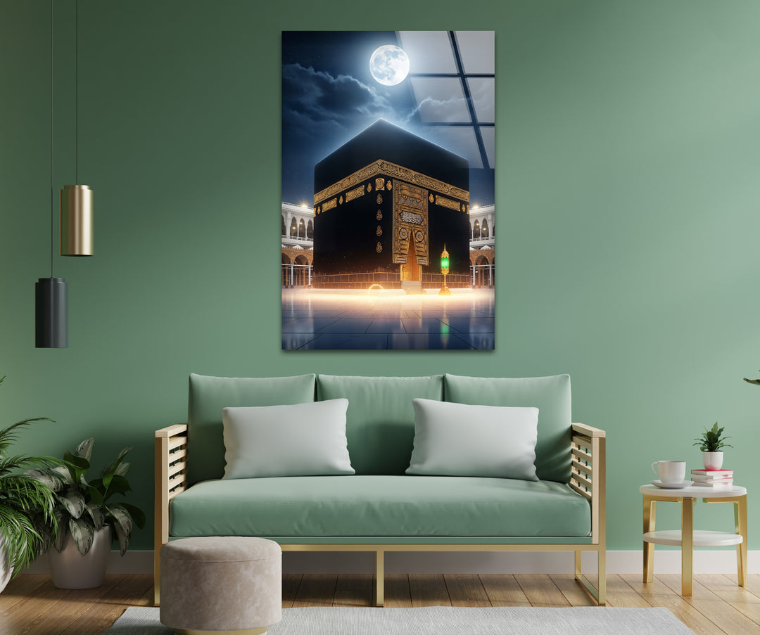 Moonlit Majesty – Kaaba Under Full Moon Glass Wall Art