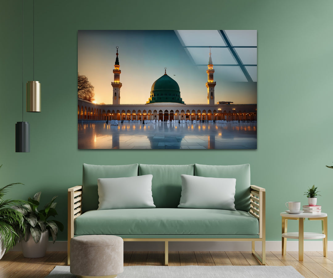 Golden Tranquility – Al-Masjid an-Nabawi Sunset Glass Wall Art