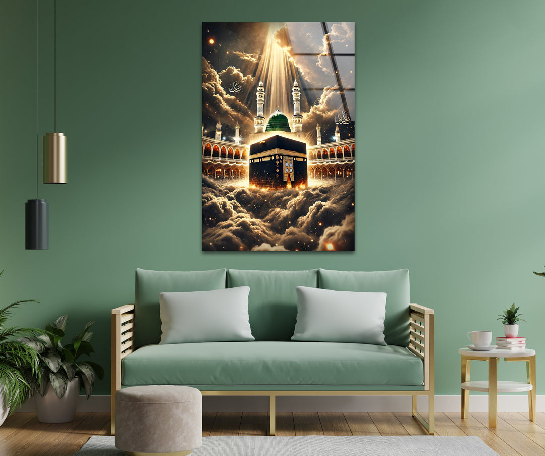 Heavenly Unity – Kaaba and Green Dome Under Divine Light Glass Wall Art
