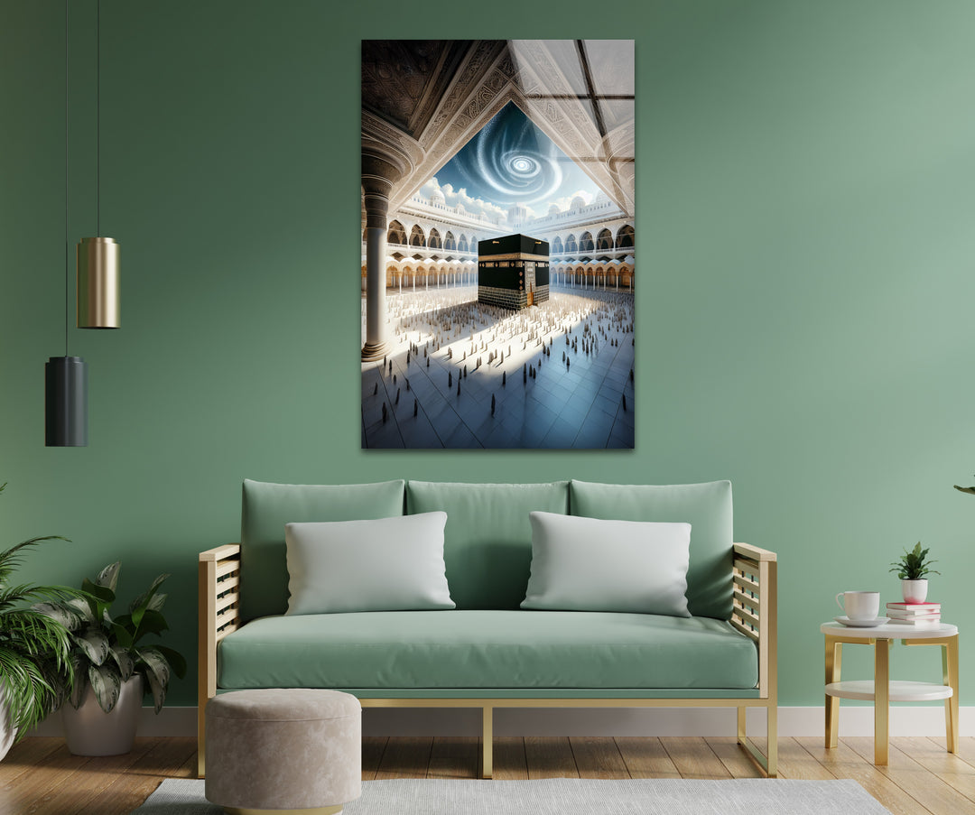 Celestial Harmony – Kaaba Under Divine Light Glass Wall Art