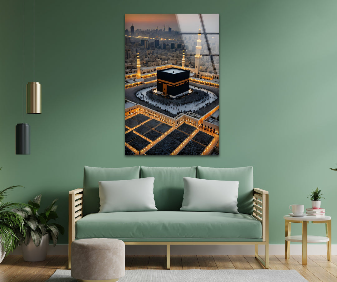 Eternal Glow – Aerial Kaaba at Dusk Glass Wall Art