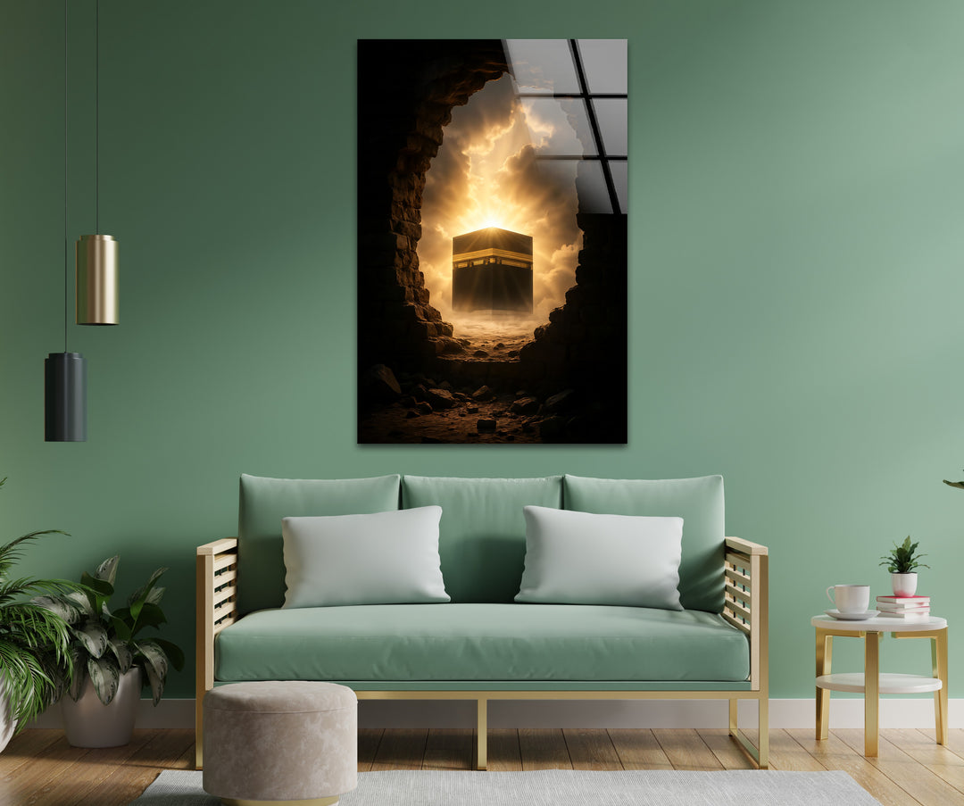 Divine Dawn – Kaaba Emerging Through Light and Stone Glass Wall Art