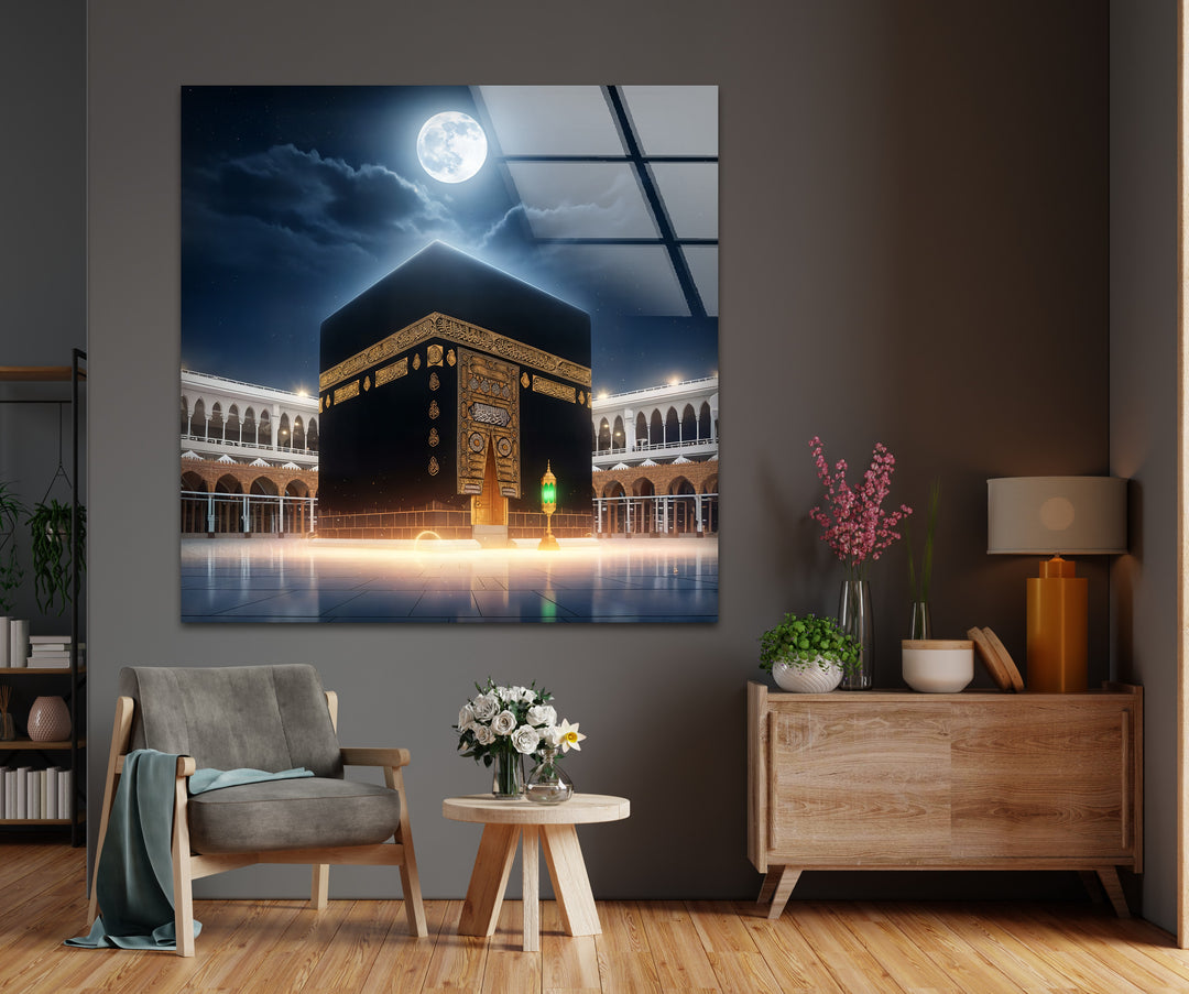 Moonlit Majesty – Kaaba Under Full Moon Glass Wall Art