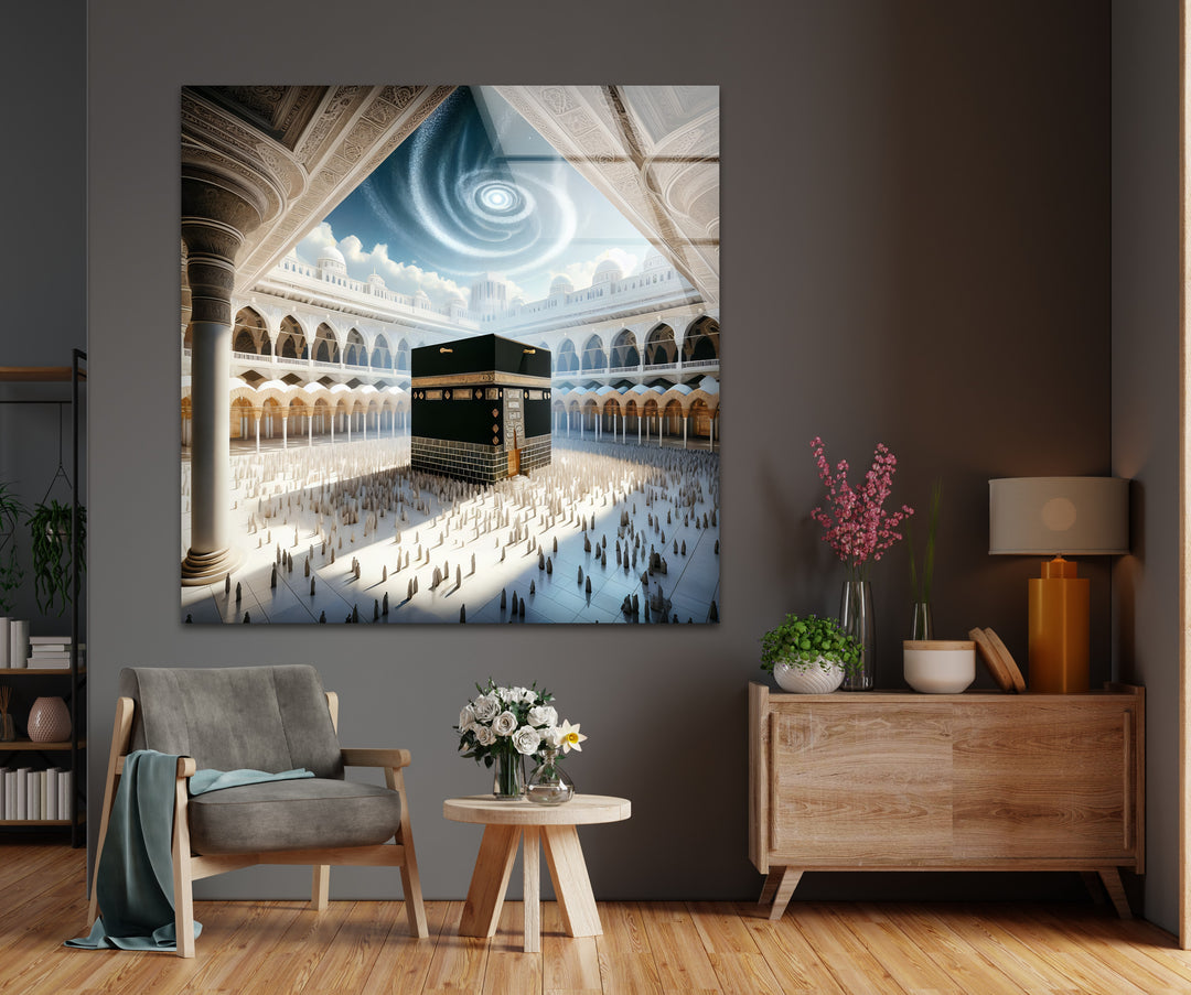 Celestial Harmony – Kaaba Under Divine Light Glass Wall Art
