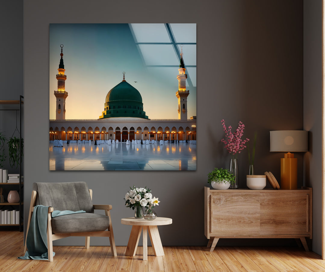 Golden Tranquility – Al-Masjid an-Nabawi Sunset Glass Wall Art