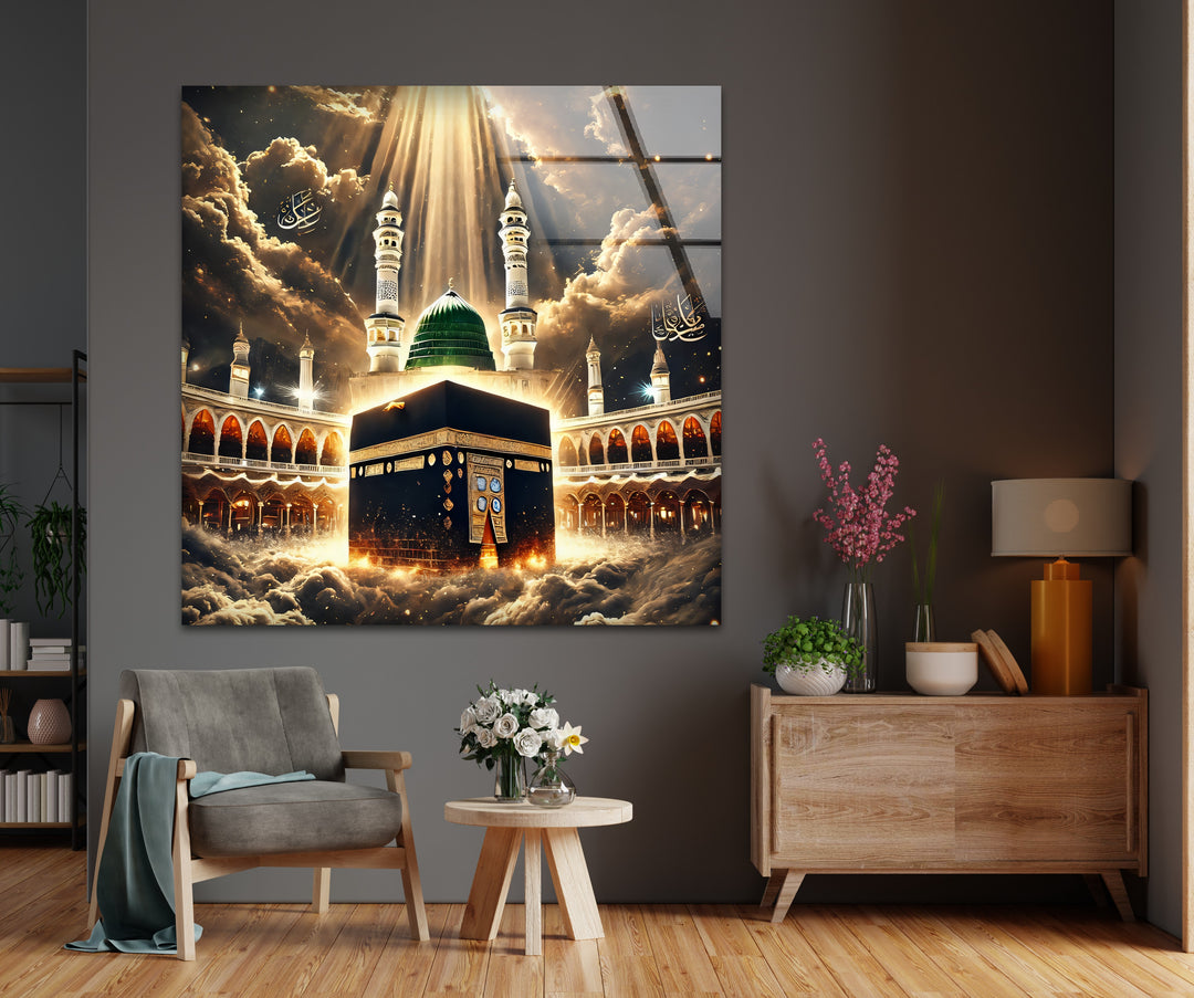 Heavenly Unity – Kaaba and Green Dome Under Divine Light Glass Wall Art
