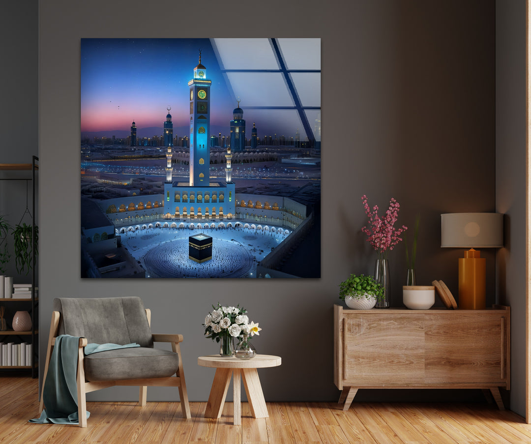 Celestial Serenity – Mecca Tower & Kaaba Islamic Glass Wall Art