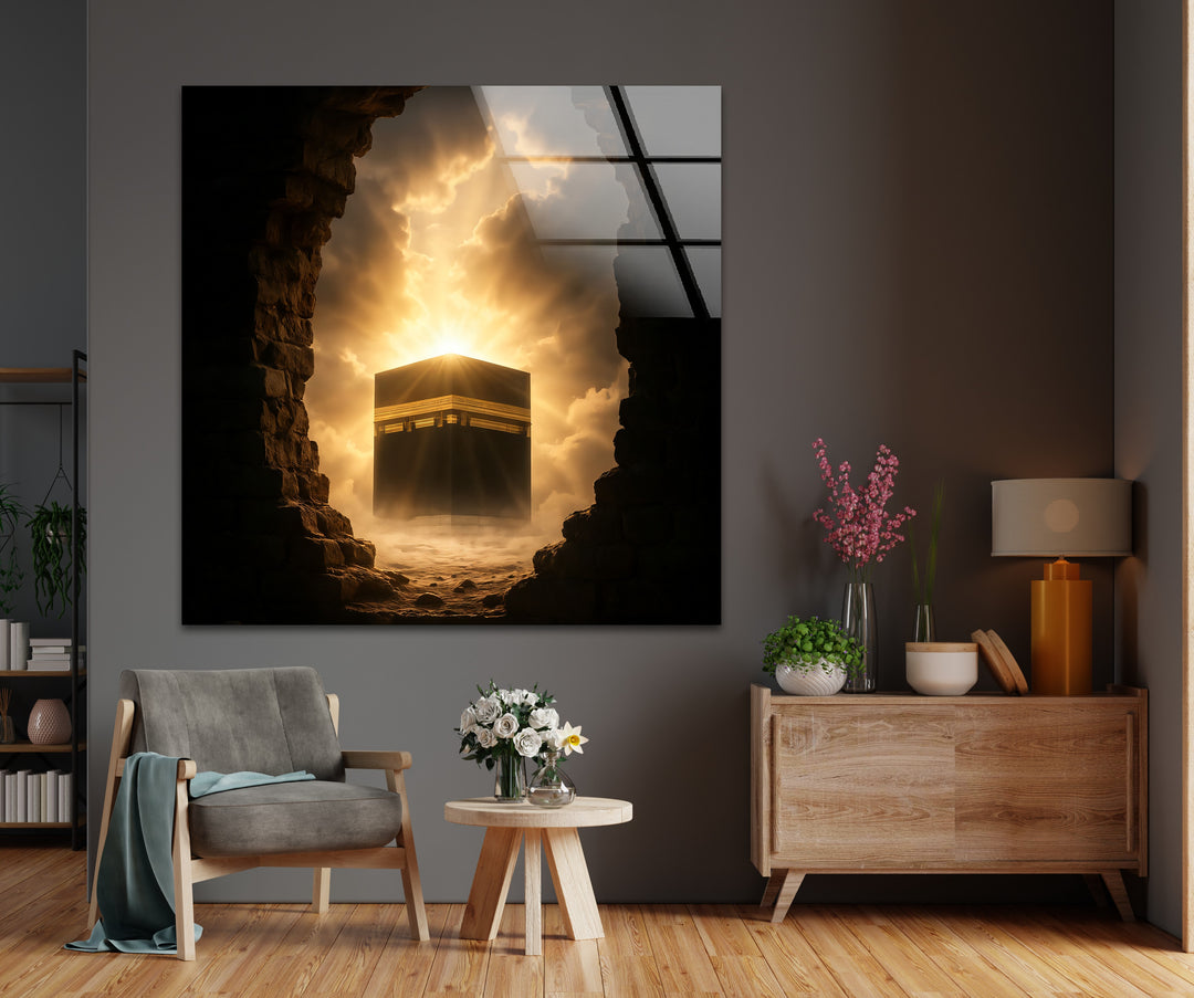 Divine Dawn – Kaaba Emerging Through Light and Stone Glass Wall Art