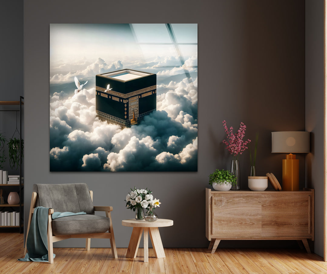 Divine Elevation – Kaaba Among the Clouds Glass Wall Art