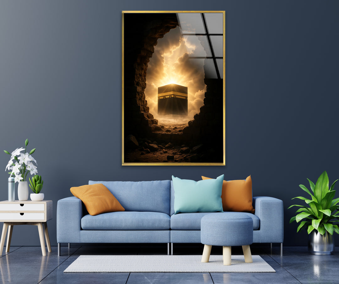 Divine Dawn – Kaaba Emerging Through Light and Stone Glass Wall Art