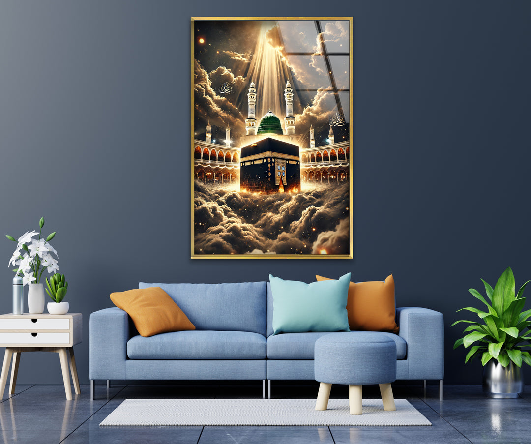 Heavenly Unity – Kaaba and Green Dome Under Divine Light Glass Wall Art